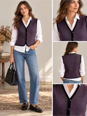 Vintage Magnolia 100% Boiled Wool Vest Plum Black Velvet Trim Size M
